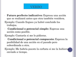- Futuro perfecto indicativo: Expresa una acción
que se realizará antes que otra también venidera.
Ejemplo: Cuando llegues ya habré concluido los
trabajos.
- Condicional o potencial simple: Expresa una
acción como posible.
Ejemplo: Cantaría si me lo pidieras.
- Condicional o potencial compuesto: Expresa la
posibilidad de una acción en el pasado pero
subordinada a otra.
Ejemplo: Me habría puesto la corbata si me la hubieras
enviado a tiempo.
VERBO
 