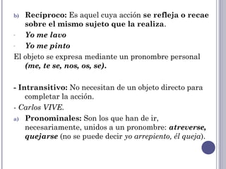b) Recíproco: Es aquel cuya acción se refleja o recae
sobre el mismo sujeto que la realiza.
- Yo me lavo
- Yo me pinto
El objeto se expresa mediante un pronombre personal
(me, te se, nos, os, se).
- Intransitivo: No necesitan de un objeto directo para
completar la acción.
- Carlos VIVE.
a) Pronominales: Son los que han de ir,
necesariamente, unidos a un pronombre: atreverse,
quejarse (no se puede decir yo arrepiento, él queja).
 