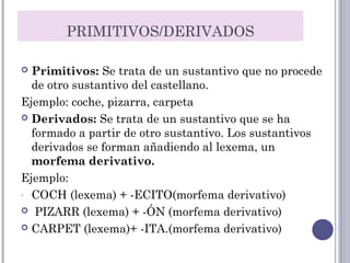 PRIMITIVOS/DERIVADOS
 Primitivos: Se trata de un sustantivo que no procede
de otro sustantivo del castellano.
Ejemplo: coche, pizarra, carpeta
 Derivados: Se trata de un sustantivo que se ha
formado a partir de otro sustantivo. Los sustantivos
derivados se forman añadiendo al lexema, un
morfema derivativo.
Ejemplo:
- COCH (lexema) + -ECITO(morfema derivativo)
  PIZARR (lexema) + -ÓN (morfema derivativo)
 CARPET (lexema)+ -ITA.(morfema derivativo)
 