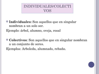  Individuales: Son aquellos que en singular
nombran a un solo ser.
Ejemplo: árbol, alumno, oveja, rosal
 Colectivos: Son aquellos que en singular nombran
a un conjunto de seres.
Ejemplos: Arboleda, alumnado, rebaño.
INDIVIDUALES/COLECTI
VOS
 