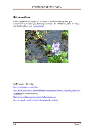 FORMAÇÃO TECNOLÓGICA
Rik Página 7
Raízes aquáticas
Como o próprio nome sugere, são raízes que se desenvolvem em plantas que
normalmente flutuam na água. Sua função, diferente das subterrâneas, não é de fixação,
mas de absorção de água e sais minerais.
Endereços de referência:
http://pt.wikipedia.org/wiki/Raiz
http://www.universitario.com.br/celo/topicos/subtopicos/botanica/anatomia_vegetal/raiz
/raiz.html (ver anatomia da raiz)
http://www.portalsaofrancisco.com.br/alfa/raiz/raiz.php
http://www.colegioweb.com.br/biologia/tipos-de-raiz.html
 