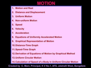 MOTION
1. Motion and Rest
2. Distance and Displacement
3. Uniform Motion
4. Non-uniform Motion
5. Speed
6. Velocity
7. Acceleration
8. Equations of Uniformly Accelerated Motion
9. Graphical Representation of Motion
10.Distance-Time Graph
11.Speed-Time Graph
12.Derivation of Equations of Motion by Graphical Method
13.Uniform Circular Motion
14.Calculation of Speed of a Body in Uniform Circular Motion
Created by C. Mani, Principal, K V No.1, AFS, Jalahalli West, Bangalore
 