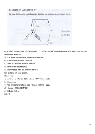 12
exercício 6. Um motor de indução trifásico, 10 cv, com FP=0,80 e rendimento de 85%, está conectado em
duplo delta. Pede-se:
a) Qual a tensão da rede de alimentação trifásica;
b) O número de terminais do motor;
c) A tensão de fase e a tensão de linha;
d) A tensão em cada bobina;
e) A corrente de linha e a corrente de fase;
f) A corrente em cada bobina.
Respostas:
a) Alimentação trifásica, 220V: Vlinha: 127V: Vfase p rede
b) 12 terminais
c) Para o motor a tensão na fase = tensão na linha = 220V
d) 1 bobina . 220V (SEMPRE)
e) 28,4 A e 16,4 A
f) 8,2 A
 