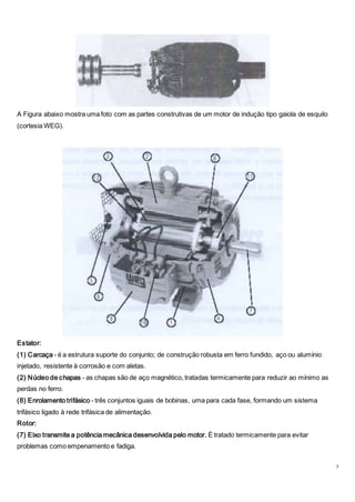 5
A Figura abaixo mostra uma foto com as partes construtivas de um motor de indução tipo gaiola de esquilo
(cortesia WEG).
Estator:
(1) Carcaça - é a estrutura suporte do conjunto; de construção robusta em ferro fundido, aço ou alumínio
injetado, resistente à corrosão e com aletas.
(2) Núcleo de chapas - as chapas são de aço magnético, tratadas termicamente para reduzir ao mínimo as
perdas no ferro.
(8) Enrolamento trifásico - três conjuntos iguais de bobinas, uma para cada fase, formando um sistema
trifásico ligado à rede trifásica de alimentação.
Rotor:
(7) Eixo transmite a potência mecânica desenvolvida pelo motor. É tratado termicamente para evitar
problemas como empenamento e fadiga.
 