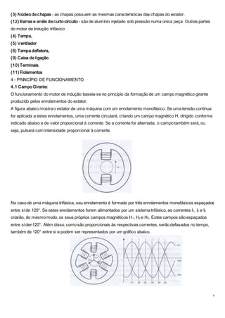 6
(3) Núcleo de chapas - as chapas possuem as mesmas características das chapas do estator.
(12) Barras e anéis de curto-circuito - são de alumínio injetado sob pressão numa única peça. Outras partes
do motor de Indução trifásico
(4) Tampa,
(5) Ventilador
(6) Tampa defletora,
(9) Caixa de ligação
(10) Terminais.
(11) Rolamentos
4 - PRINCÍPIO DE FUNCIONAMENTO
4.1 Campo Girante:
O funcionamento do motor de indução baseia-se no princípio da formação de um campo magnético girante
produzido pelos enrolamentos do estator.
A figura abaixo mostra o estator de uma máquina com um enrolamento monofásico. Se uma tensão contínua
for aplicada a estes enrolamentos, uma corrente circulará, criando um campo magnético H, dirigido conforme
indicado abaixo e de valor proporcional à corrente. Se a corrente for alternada, o campo também será, ou
seja, pulsará com intensidade proporcional à corrente.
No caso de uma máquina trifásica, seu enrolamento é formado por três enrolamentos monofásicos espaçados
entre si de 120°. Se estes enrolamentos forem alimentados por um sistema trifásico, as correntes I1, I2 e I3
criarão, do mesmo modo, os seus próprios campos magnéticos H1, H2 e H3. Estes campos são espaçados
entre si den120°. Além disso, como são proporcionais às respectivas correntes, serão defasados no tempo,
também de 120° entre si e podem ser representados por um gráfico abaixo.
 