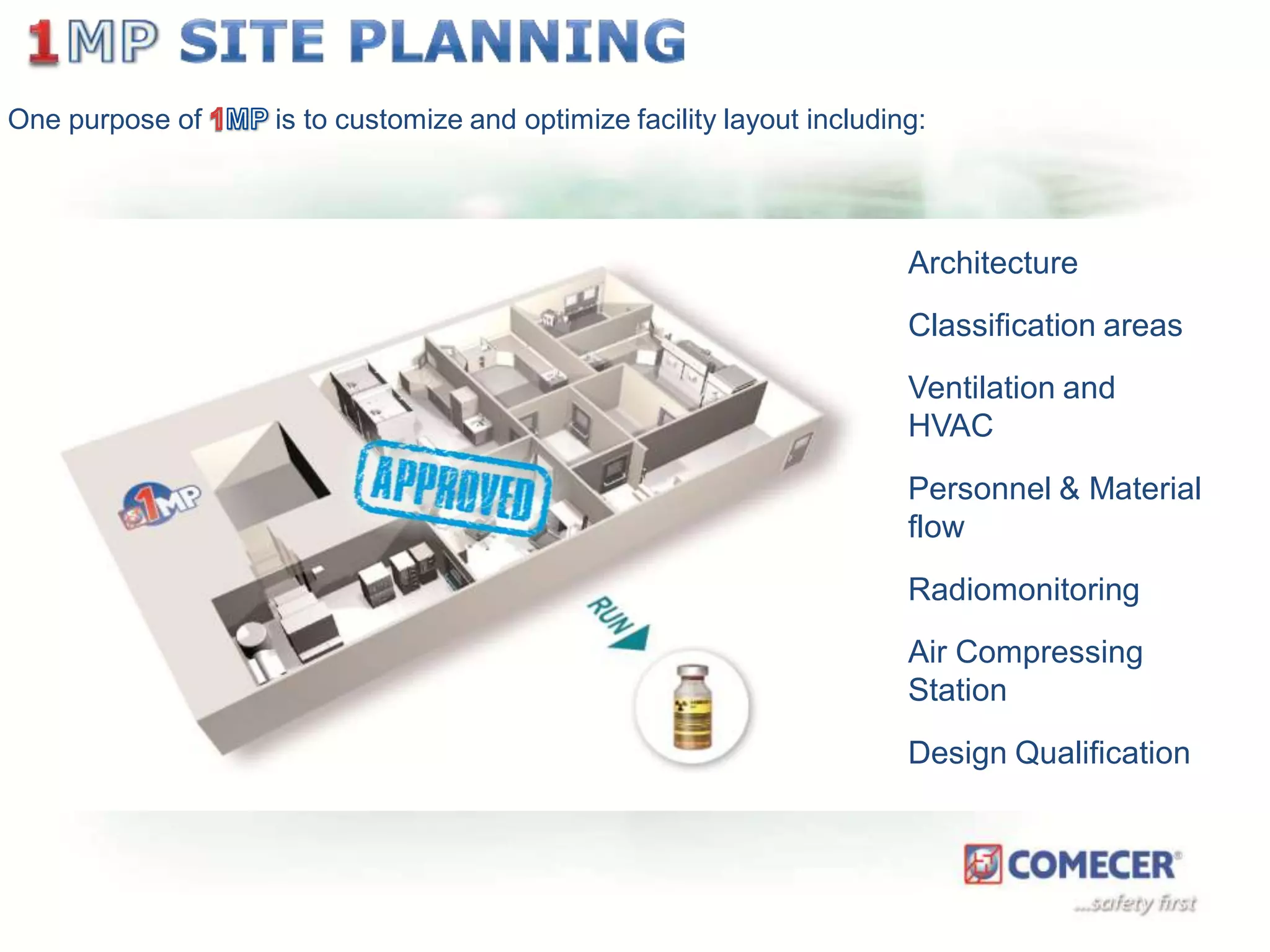 One purpose of

is to customize and optimize facility layout including:

Architecture

Classification areas
Ventilation and
HVAC
Personnel & Material
flow

Radiomonitoring
Air Compressing
Station
Design Qualification

 