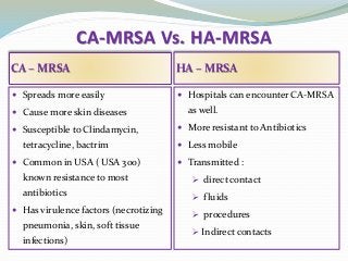 CA-MRSA Vs. HA-MRSA
CA – MRSA HA – MRSA
 Spreads more easily
 Cause more skin diseases
 Susceptible to Clindamycin,
tetracycline, bactrim
 Common in USA ( USA 300)
known resistance to most
antibiotics
 Has virulence factors (necrotizing
pneumonia, skin, soft tissue
infections)
 Hospitals can encounter CA-MRSA
as well.
 More resistant to Antibiotics
 Less mobile
 Transmitted :
 direct contact
 fluids
 procedures
Indirect contacts
 