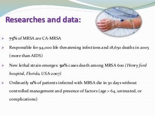 Researches and data:
 75% of MRSA are CA-MRSA
 Responsible for 94,000 life threatening infections and 18,650 deaths in 2005
(more than AIDS)
 New lethal strain emerges: 50% cases death among MRSA 600 (Henry ford
hospital, Florida, USA-2007)
 Ordinarily 11% of patients infected with MRSA die in 30 days without
controlled management and presence of factors (age > 64, untreated, or
complications)
 