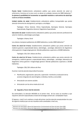 Puesto Salud: Establecimiento ambulatorio público que presta atención de salud en
enfermería y funciona en la zona rural, se ubican en unidades menores de 2000 habitantes15
.
Se plantea la posibilidad de incrementar se capacidad resolutiva a sub-centros de salud tipo
rural en un futuro inmediato.
Unidad móviles de salud: Establecimiento ambulatorio público transportable que presta
atención itinerante de salud general, quirúrgica u oncológica
Tipologías: Clínica General, Clínica Especializada, Quirúrgica General, Quirúrgica
Especializada, Diagnóstico General, Diagnóstico Especializado
Sub-centro de salud: Establecimiento ambulatorio público que presta atención profesional de
salud en medicina, odontología y psicología.
Tipologías: Urbano, Rural
Los urbanos manejaran poblaciones de 6000 habitantes y rurales 2000 habitantes16
Centro de salud de 8 horas: Establecimiento ambulatorio público que presta atención de
medicina general y especializada básica, odontología, psicología, laboratorio de diagnóstico
clínico general e imagenología general. Atiende poblaciones superiores a 20.000 habitantes.
Tipologías: CSA, CSA Jefatura de Área.
Centro de salud de 24 horas: Establecimiento ambulatorio público que presta atención de
emergencia, medicina general y especializada básica, odontología, psicología, laboratorio de
diagnóstico clínico general e imagenología general: Atiende poblaciones superiores a 20.000
habitantes.
Tipologías: CSB, CSB Jefatura de Área
El primer nivel de atención desarrollará funciones:
• Planificación, organización, ejecución, supervisión monitoreo y evaluación de las
acciones integrales de salud dirigidas a individuo, familia y comunidad.
• Articulación con actores sociales
• Articulación con los otros niveles de la red.
b) Segundo y Tercer nivel de atención:
Da continuidad a la atención INICIADA en el primer nivel, de los casos no resueltos y que
requieren atención especializada a través de tecnología sanitaria de complejidad mayor.
El ingreso a nivel 2 se lo realizara a través del primer nivel de atención exceptuándose los caso
de urgencia medicas que una vez resueltas serán canalizadas a nivel uno.
15
Ministerio de salud Pública. Manual de Organización y Funcionamiento de Áreas de Salud. Quito 2000
16
Ministerio de salud Pública. Manual de Organización y Funcionamiento de Áreas de Salud. Quito 2000
22
 