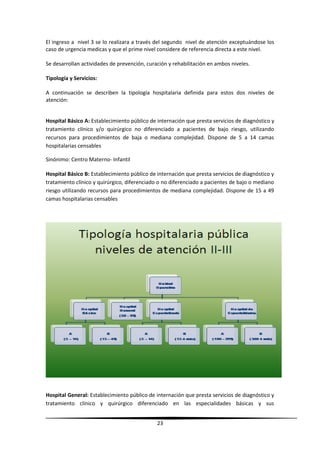 El ingreso a nivel 3 se lo realizara a través del segundo nivel de atención exceptuándose los
caso de urgencia medicas y que el prime nivel considere de referencia directa a este nivel.
Se desarrollan actividades de prevención, curación y rehabilitación en ambos niveles.
Tipología y Servicios:
A continuación se describen la tipología hospitalaria definida para estos dos niveles de
atención:
Hospital Básico A: Establecimiento público de internación que presta servicios de diagnóstico y
tratamiento clínico y/o quirúrgico no diferenciado a pacientes de bajo riesgo, utilizando
recursos para procedimientos de baja o mediana complejidad. Dispone de 5 a 14 camas
hospitalarias censables
Sinónimo: Centro Materno- Infantil
Hospital Básico B: Establecimiento público de internación que presta servicios de diagnóstico y
tratamiento clínico y quirúrgico, diferenciado o no diferenciado a pacientes de bajo o mediano
riesgo utilizando recursos para procedimientos de mediana complejidad. Dispone de 15 a 49
camas hospitalarias censables
Hospital General: Establecimiento público de internación que presta servicios de diagnóstico y
tratamiento clínico y quirúrgico diferenciado en las especialidades básicas y sus
23
 