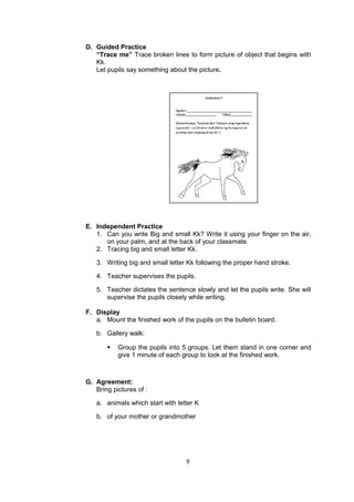 D. Guided Practice
“Trace me” Trace broken lines to form picture of object that begins with
Kk.
Let pupils say something about the picture.
E. Independent Practice
1. Can you write Big and small Kk? Write it using your finger on the air,
on your palm, and at the back of your classmate.
2. Tracing big and small letter Kk.
3. Writing big and small letter Kk following the proper hand stroke.
4. Teacher supervises the pupils.
5. Teacher dictates the sentence slowly and let the pupils write. She will
supervise the pupils closely while writing.
F. Display
a. Mount the finished work of the pupils on the bulletin board.
b. Gallery walk:
 Group the pupils into 5 groups. Let them stand in one corner and
give 1 minute of each group to look at the finished work.
G. Agreement:
Bring pictures of :
a. animals which start with letter K
b. of your mother or grandmother
9
 