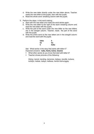 d. Write the new letter directly under the new letter above. Teacher
reads the new letter to the pupils, then with the pupils.
e. Read the whole word -breaking column with the pupils.
5. Perform the steps in the word making:
a. Start with the new letter and make the word whole again.
b. Write the new letter to the right of the word- breaking column and
read the new letter with the pupils.
c. Write the part of the word under the new letter so the new letters
are in the straight column. Teacher, reads the part of the word
with the pupils
d. Write the entire word so the new letters are in the straight column
and read the word with the pupils.
kaka k
ka ka
k kaka
Ask: What words in the story that starts with letter k?
Expected answers: kaka, Karla, kama, kisame
 What other words do you know that start with letter k?
 Teacher shows pictures of the following:
Kahoy, kamot, kanding, karsones, kabayo, kandila, kutsara,
kutsilyo, kabaw, kalayo, kalbasa, kariton,kamunggay
4
 