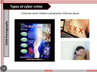 Criminals reach children and practice child sex abuse.
ChildPornography
12/15/2015SNDTWU
14
Types of cyber crime
 