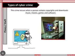 This crime occurs when a person violates copyrights and downloads
music, movies, games and software.
12/15/2015SNDTWU
21
Piracy/theft Types of cyber crime
 