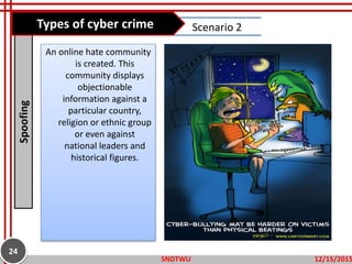 An online hate community
is created. This
community displays
objectionable
information against a
particular country,
religion or ethnic group
or even against
national leaders and
historical figures.
12/15/2015SNDTWU
24
Scenario 2Spoofing Types of cyber crime
 