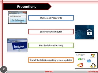 Preventions
12/15/2015SNDTWU
25
Use Strong Passwords
Install the latest operating system updates
Be a Social-Media Savvy
Secure your computer
 