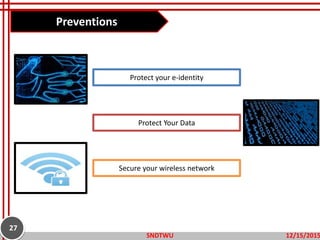 Preventions
12/15/2015SNDTWU
27
Protect your e-identity
Secure your wireless network
Protect Your Data
 