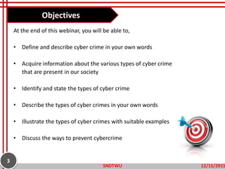 At the end of this webinar, you will be able to,
• Define and describe cyber crime in your own words
• Acquire information about the various types of cyber crime
that are present in our society
• Identify and state the types of cyber crime
• Describe the types of cyber crimes in your own words
• Illustrate the types of cyber crimes with suitable examples
• Discuss the ways to prevent cybercrime
Objectives
12/15/2015SNDTWU
3
 