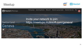 Meetup
25
Invite your network to join:
https://meetups.mulesoft.com/geneva/
 