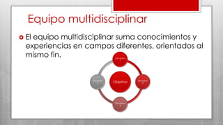 Equipo multidisciplinar
 El equipo multidisciplinar suma conocimientos y
experiencias en campos diferentes, orientados al
mismo fin.
Objetivo
Disciplina
1
Disciplina
2
Disciplina
3
Disciplina
4
 