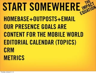 START SOMEWHERE
     HOMEBASE+OUTPOSTS+EMAIL
     OUR PRESENCE GOALS ARE
     CONTENT FOR THE MOBILE WORLD
     EDITORIAL ...