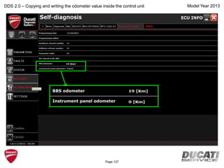 Model Year 2013
BBS odometer
Instrument panel odometer
DDS 2.0 – Copying and writing the odometer value inside the control unit
BBS
Page 127
 