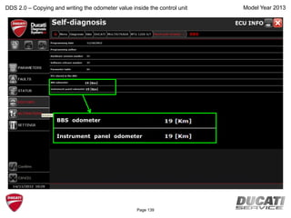 Model Year 2013
BBS odometer
Instrument panel odometer
DDS 2.0 – Copying and writing the odometer value inside the control unit
BBS
Page 139
 