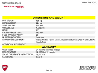Model Year 2013Technical Data Sheets
DIMENSIONS AND WEIGHT
DRY WEIGHT 196 kg
KERB WEIGHT 224 kg
SEAT HEIGHT 850 mm
WHEELBASE 1,530 mm
RAKE 25°
FRONT WHEEL TRAIL 110 mm
FUEL TANK CAPACITY 20 l
NUMBER OF SEATS Dual seat
STANDARD EQUIPMENT Riding Modes, Power Modes, Ducati Safety Pack (ABS + DTC), RbW,
Hands-Free
ADDITIONAL EQUIPMENT -
WARRANTY
WARRANTY 24 months unlimited mileage
MAINTENANCE 12,000 Km/ 12 months
VALVE CLEARANCE INSPECTION 24,000 Km
EMISSIONS Euro 3
Page 168
 