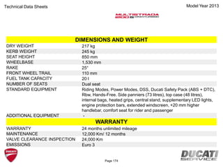 Model Year 2013Technical Data Sheets
DIMENSIONS AND WEIGHT
DRY WEIGHT 217 kg
KERB WEIGHT 245 kg
SEAT HEIGHT 850 mm
WHEELBASE 1,530 mm
RAKE 25°
FRONT WHEEL TRAIL 110 mm
FUEL TANK CAPACITY 20 l
NUMBER OF SEATS Dual seat
STANDARD EQUIPMENT Riding Modes, Power Modes, DSS, Ducati Safety Pack (ABS + DTC),
Rbw, Hands-Free. Side panniers (73 litres), top case (48 litres),
internal bags, heated grips, central stand, supplementary LED lights,
engine protection bars, extended windscreen, +20 mm higher
handlebar, comfort seat for rider and passenger
ADDITIONAL EQUIPMENT -
WARRANTY
WARRANTY 24 months unlimited mileage
MAINTENANCE 12,000 Km/ 12 months
VALVE CLEARANCE INSPECTION 24,000 Km
EMISSIONS Euro 3
Page 174
 