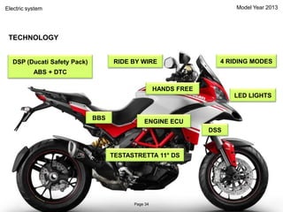 Model Year 2013
TECHNOLOGY
TESTASTRETTA 11° DS
DSP (Ducati Safety Pack)
ABS + DTC
LED LIGHTS
RIDE BY WIRE 4 RIDING MODES
ENGINE ECU
BBS
HANDS FREE
DSS
Electric system
Page 34
 