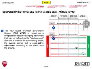 The new Ducati Skyhook Suspension
System (DSS MY13) is based on a
compression/ rebound damping adjustment
that can be defined as the “starting point”
and that is different for each Riding Mode;
the system carries out a semi-active
adjustment according to the stress from
the ground.
SUSPENSION SETTING: DES (MY12) vs DSS SEMI–ACTIVE (MY13)
SPORT TOURING ENDURO URBAN
1
Manual electro-actuated selection 1…32
Suspension adjustment range
zero
zero
zero
zero
Automatic electronic selectionDSS
SOFT
HARD
Model Year 2013Electric system
DES
2
2
3
Page 48
NEW
 