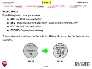 RIDING MODE
Each Riding Mode has 4 parameters:
1) ABS - Antilock Braking System
2) DSS - Ducati Electronic Suspension (available on S versions, only)
3) DTC - Ducati Traction Control
4) ENGINE- Engine power delivery
Further information relevant to the selected Riding Mode can be displayed on the
Dotmatrix.
MY12 MY13
Page 65
Model Year 2013Electric system NEW
 