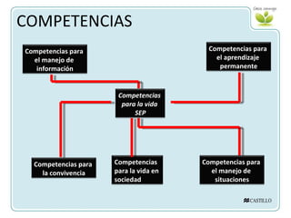 COMPETENCIAS Competencias para  el aprendizaje  permanente Competencias para  el manejo de  información Competencias  para la vida  SEP Competencias para  la convivencia Competencias para  el manejo de  situaciones Competencias  para la vida en  sociedad 