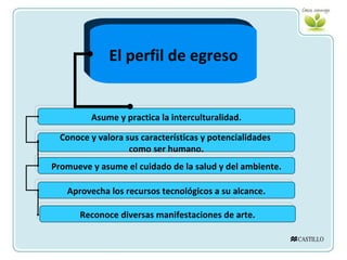 El perfil de egreso Asume y practica la interculturalidad. Conoce y valora sus características y potencialidades  como ser humano. Promueve y asume el cuidado de la salud y del ambiente. Aprovecha los recursos tecnológicos a su alcance. Reconoce diversas manifestaciones de arte. 