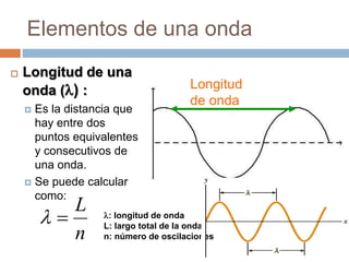 Elementos de una onda
 Longitud de una
onda () :
 Es la distancia que
hay entre dos
puntos equivalentes
y consecutivos de
una onda.
 Se puede calcular
como:
Longitud
de onda
n
L
 : longitud de onda
L: largo total de la onda
n: número de oscilaciones
 