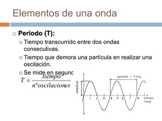 Elementos de una onda
 Período (T):
 Tiempo transcurrido entre dos ondas
consecutivas.
 Tiempo que demora una partícula en realizar una
oscilación.
 Se mide en segundos (s),
esoscilacionn
tiempo
T


 