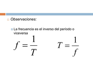 Observaciones:
 La frecuencia es el inverso del período o
viceversa
T
f
1

f
T
1

 