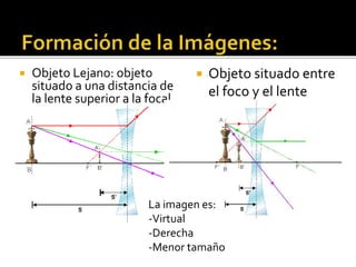  Objeto Lejano: objeto 
situado a una distancia de 
la lente superior a la focal 
 Objeto situado entre 
el foco y el lente 
La imagen es: 
-Virtual 
-Derecha 
-Menor tamaño 
 