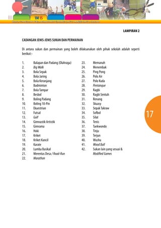LAMPIRAN 2

CADANGAN JENIS-JENIS SUKAN DAN PERMAINAN

Di antara sukan dan permainan yang boleh dilaksanakan oleh pihak sekolah adalah seperti
berikut:-

1.      Balapan dan Padang (Olahraga)       23.     Memanah
2.      Big Walk                            24.     Menembak
3.      Bola Sepak                          25.     Ping Pong
4.      Bola Jaring                         26.     Polo Air
5.      Bola Keranjang                      27.     Polo Kuda
6.      Badminton                           28.     Pentanque
7.      Bola Tampar                         29.     Ragbi
8.      Besbol                              30.     Ragbi Sentuh
9.      Boling Padang                       31.     Renang
10.     Boling 10-Pin                       32.     Skuasy
11.     Ekuestrian                          33.     Sepak Takraw
12.
13.
        Futsal
        Golf
                                            34.
                                            35.
                                                    Sofbol
                                                    Silat                                   17
14.     Gimnastik Artistik                  36.     Tenis
15.     Gimrama                             37.     Taekwondo
16.     Hoki                                38.     Tinju
17.     Kriket                              39.     Terjun
18.     Kriket Kancil                       40.     Wushu
19.     Karate                              41.     Wood Ball
20.     Lumba Basikal                       42.     Sukan lain yang sesuai &
21.     Merentas Desa / Road-Run                    Modified Games
22.     Marathon
 
