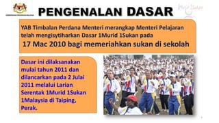YAB Timbalan Perdana Menteri merangkap Menteri Pelajaran
telah mengisytiharkan Dasar 1Murid 1Sukan pada
17 Mac 2010 bagi memeriahkan sukan di sekolah
Dasar ini dilaksanakan
mulai tahun 2011 dan
dilancarkan pada 2 Julai
2011 melalui Larian
Serentak 1Murid 1Sukan
1Malaysia di Taiping,
Perak.
3
 
