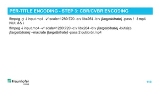 110
ffmpeg -y -i input.mp4 -vf scale=1280:720 -c:v libx264 -b:v [targetbitrate] -pass 1 -f mp4
NUL && 
ffmpeg -i input.mp4 -vf scale=1280:720 -c:v libx264 -b:v [targetbitrate] -bufsize
[targetbitrate] –maxrate [targetbitrate] -pass 2 out/cvbr.mp4
PER-TITLE ENCODING - STEP 3: CBR/CVBR ENCODING
 