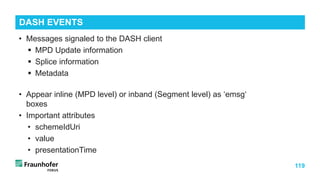 119
• Messages signaled to the DASH client
 MPD Update information
 Splice information
 Metadata
• Appear inline (MPD level) or inband (Segment level) as ‘emsg‘
boxes
• Important attributes
• schemeIdUri
• value
• presentationTime
DASH EVENTS
 