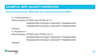 122
Postroll Ad Insertion: MPD after the reload (multi-period MPD)
© Fraunhofer FOKUS
<!-– Content period !-->
<Period duration="PT20S" start="PT0S" id="1">
<AdaptationSet mimeType="audio/mp4"></AdaptationSet>
<AdaptationSet mimeType=„video/mp4"></AdaptationSet>
</Period>
<!– Ad period !-->
<Period duration="PT30S" start="PT20S" id=„2">
<AdaptationSet mimeType="audio/mp4"></AdaptationSet>
<AdaptationSet mimeType=„video/mp4"></AdaptationSet>
</Period>
EXAMPLE: MPD VALIDITY EXPIRATION
 