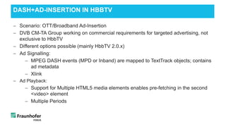 − Scenario: OTT/Broadband Ad-Insertion
− DVB CM-TA Group working on commercial requirements for targeted advertising, not
exclusive to HbbTV
− Different options possible (mainly HbbTV 2.0.x)
− Ad Signalling:
− MPEG DASH events (MPD or Inband) are mapped to TextTrack objects; contains
ad metadata
− Xlink
− Ad Playback:
− Support for Multiple HTML5 media elements enables pre-fetching in the second
<video> element
− Multiple Periods
DASH+AD-INSERTION IN HBBTV
 