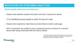 137
© Fraunhofer FOKUS
MOTIVATION FOR STREAMING ANALYTICS
©Matthias
Heyde
/
Fraunhofer
FOKUS
− Viewers start abandon streams that take more than 2 seconds to startup
− 1% of rebuffering causes people to watch 5% less of a video
− Viewers who experience video failure are less likely to revisit a web page
− 40% of customers are unlikely to give a streaming service a chance on a second
device after being confronted with and inferior stream
Stream quality influences user behaviour
“Video Stream Quality Impacts Viewer Behavior: Inferring Causality
Using Quasi-Experimental Designs”, IEEE/ACM Transactions on
Networking, Krishnan and Sitaraman, Akamai
 