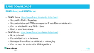 148
© Fraunhofer FOKUS
SAND DOWNLOADS
©Matthias
Heyde
/
Fraunhofer
FOKUS
− SANDLibrary: https://www.fokus.fraunhofer.de/go/sand
− Support for Metric Reporting
− Supports status and PER messages for SharedResourceAllocation
− Can be attached to any DASH player
− Dash.js sample available
− SANDServer: https://www.fokus.fraunhofer.de/go/sand
− Node.js-based
− Persists Metrics in a database
− Manages SharedResourceAllocation messaging
− Can be used for server-side ABR algorithms
SANDLibrary and SANDServer
 