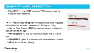 157
− With HTTP/1.1 one HTTP and thus TCP request must be
made for each resource
 HTTP/2 reduces transport overhead: multiplexing requests,
better data compression, server-push, binary encoding
 Server Sent Events (SSE) to send updates or continuous
data stream to the app
 Web Sockets for two-way communication with a remote
host
 Web RTC for peer 2 peer communication via data channel
 QUIC for multicast delivery
TRANSPORT-LEVEL OPTIMIZATION
 