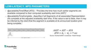 163
- @availabilityTimeOffset (ATO) : “Provides the time how much earlier segments are
available compared to their computed availability start time (AST)“
− @availabilityTimeComplete: „Specifies if all Segments of all associated Representation
are complete at the adjusted availability start time. If the value is set to false, then it may
be inferred by the client that the segment is available at its announced location prior
being complete.“
LOW-LATENCY: MPD PARAMETERS
𝐴𝐴𝐴𝐴𝐴𝐴𝐴𝐴 = 𝐴𝐴𝐴𝐴𝐴𝐴 − 𝐴𝐴𝐴𝐴𝐴𝐴
𝐴𝐴𝐴𝐴𝐴𝐴 = 𝑑𝑑𝑠𝑠 − 𝑑𝑑𝑐𝑐 = 7 𝑠𝑠𝑠𝑠𝑠𝑠
Source: Chunked DASH in JavaScript – Robert Alnesjö
 