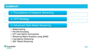 183
1. Foundations of Adaptive Streaming
2. OTT Strategy
• Watermarking
• Per-title Encoding
• OTT and HbbTV Ad-Insertion
• Streaming Metric Analytics using SAND
• Low-latency Streaming
• 360° Media Streaming
3. Advanced Web Media Streaming
SUMMARY
 