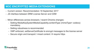 29
− Current version: Recommendation 18 September 2017
− JS interface between DRM License Server and CDM
− Minor differences across browsers / recent Chrome changes:
− Setting MediaKeySystemMediaCapability.contentType (mimeType+ codecs)
mandatory
− Setting robustness is recommended
− VMP enforced, setServerCertificate to encrypt messages to the license server
− Secure origin and transport / mixed content  require https
W3C ENCRYPTED MEDIA EXTENSIONS
 